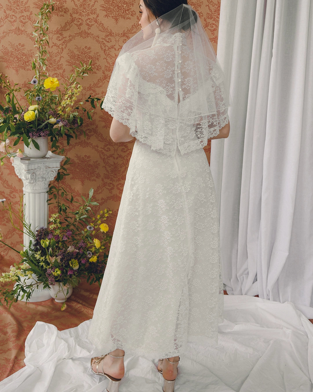 Vintage Ivory Lace High-Neck Dress With Cape Collar