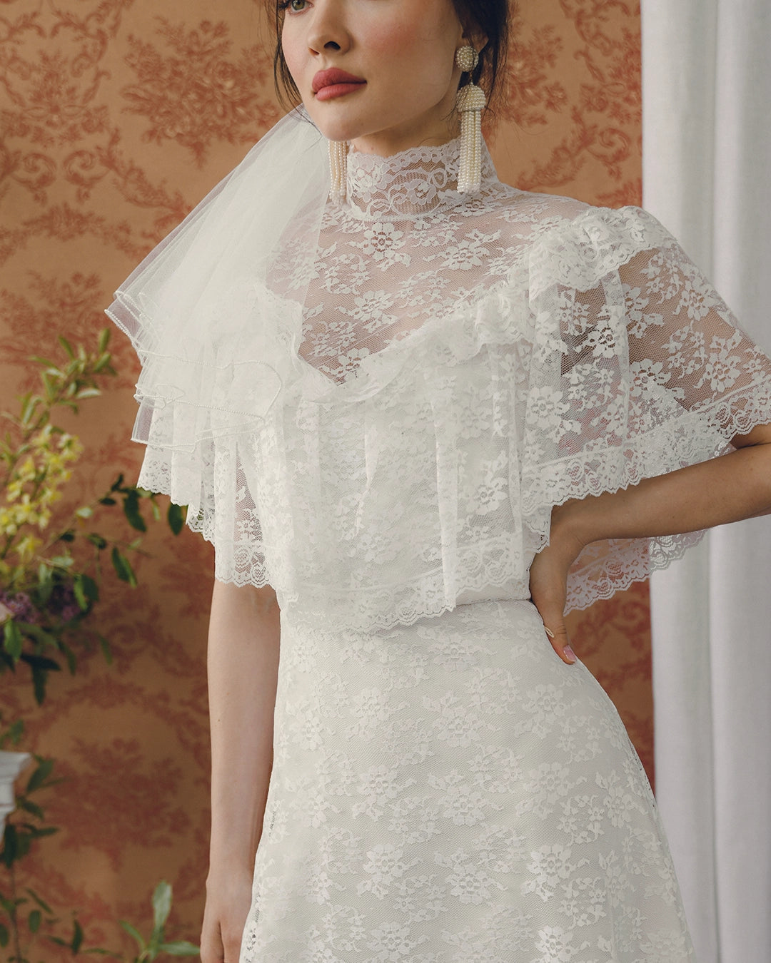 Vintage Ivory Lace High-Neck Dress With Cape Collar