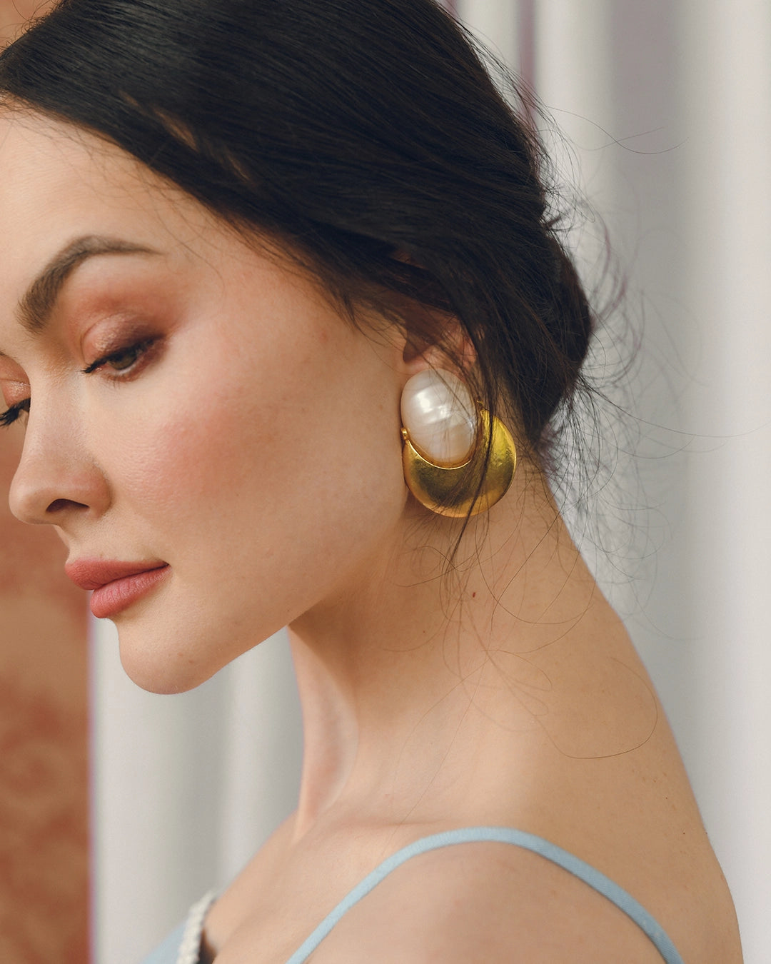 Vintage Mother Of Pearl Gold Disc Earrings, attributed to LES BERNARD