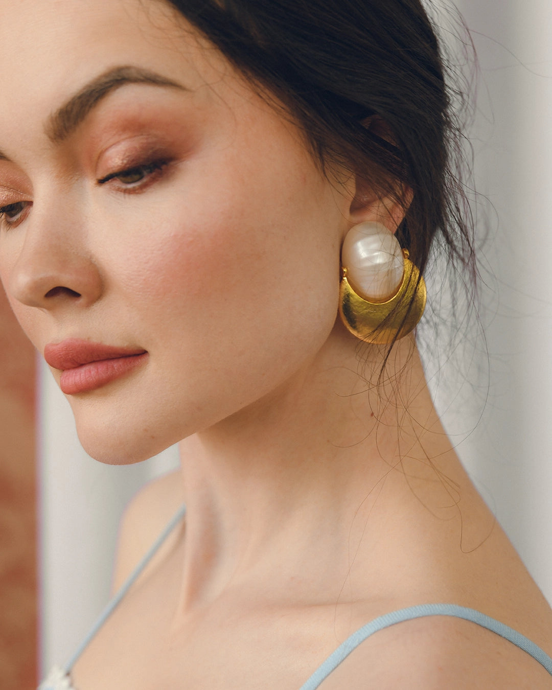Vintage Mother Of Pearl Gold Disc Earrings, attributed to LES BERNARD