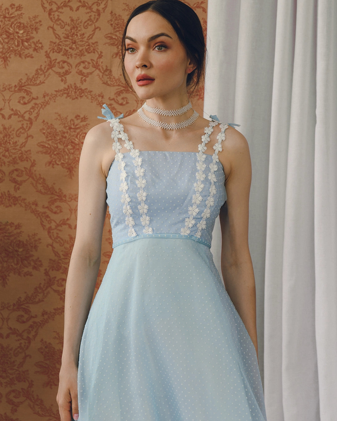 Vintage Ombré Swiss Dot Dress With Floral Crochet Appliqué