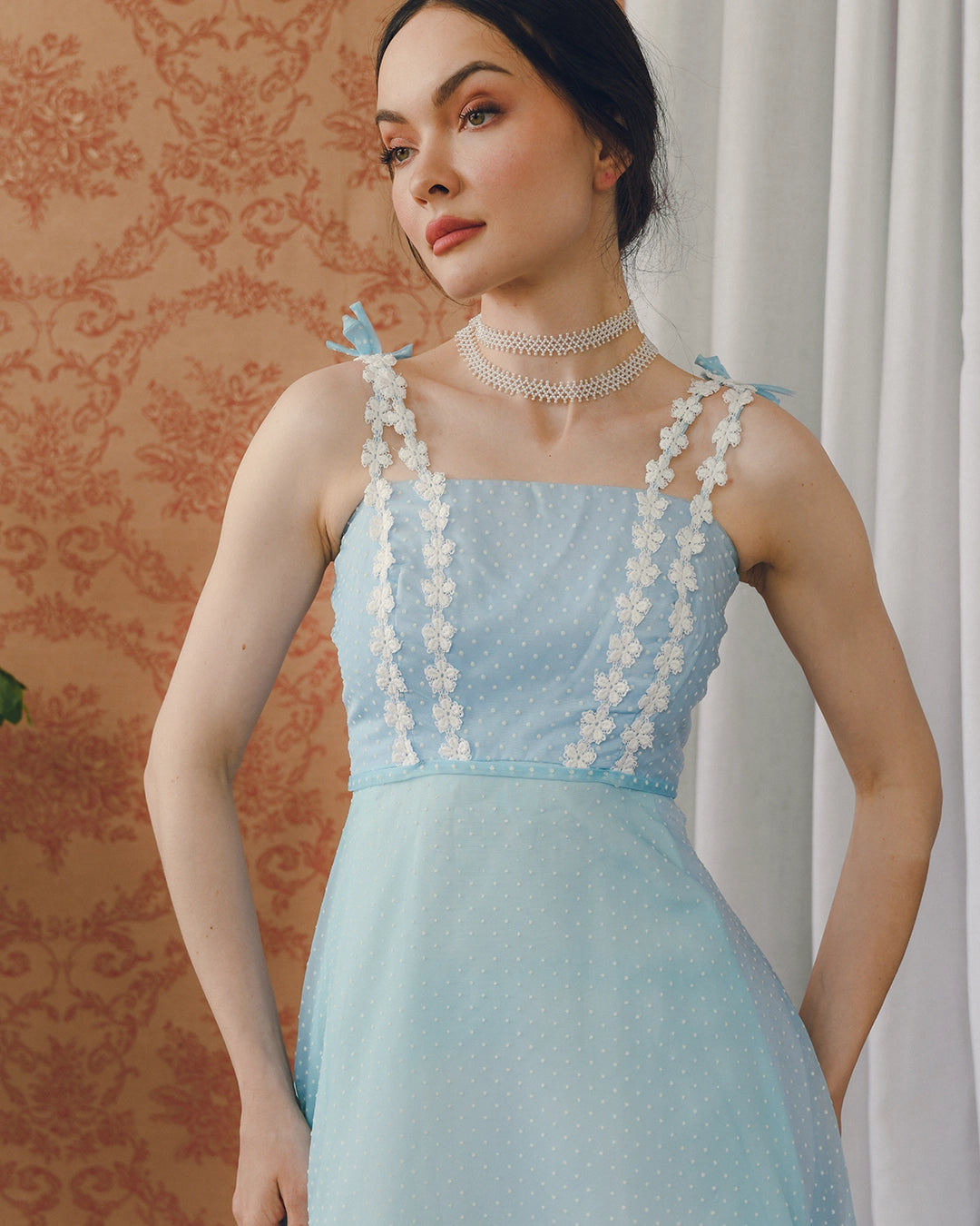 Vintage Ombré Swiss Dot Dress With Floral Crochet Appliqué