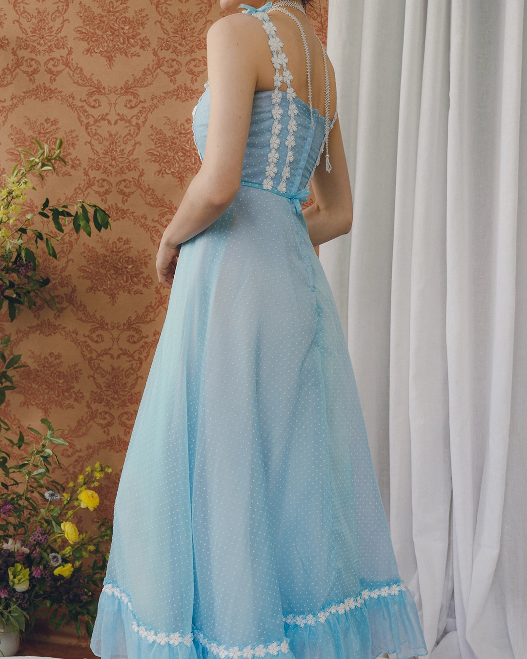 Vintage Ombré Swiss Dot Dress With Floral Crochet Appliqué