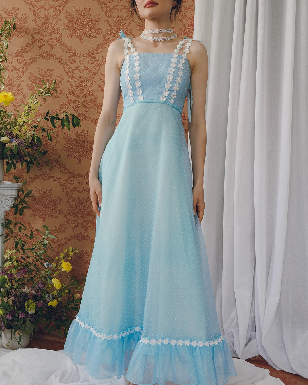 Vintage Ombré Swiss Dot Dress With Floral Crochet Appliqué