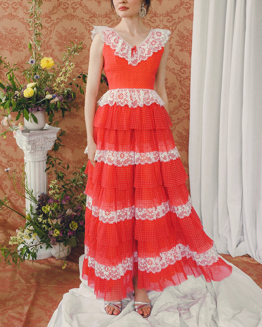 Vintage Swiss Dot Tulle & Lace Gown With Tiered Petticoat Skirt Vintage Swiss Dot Tulle & Lace Gown With Tiered Petticoat Skirt