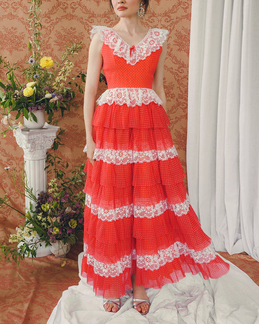 Vintage Swiss Dot Tulle & Lace Gown With Tiered Petticoat Skirt