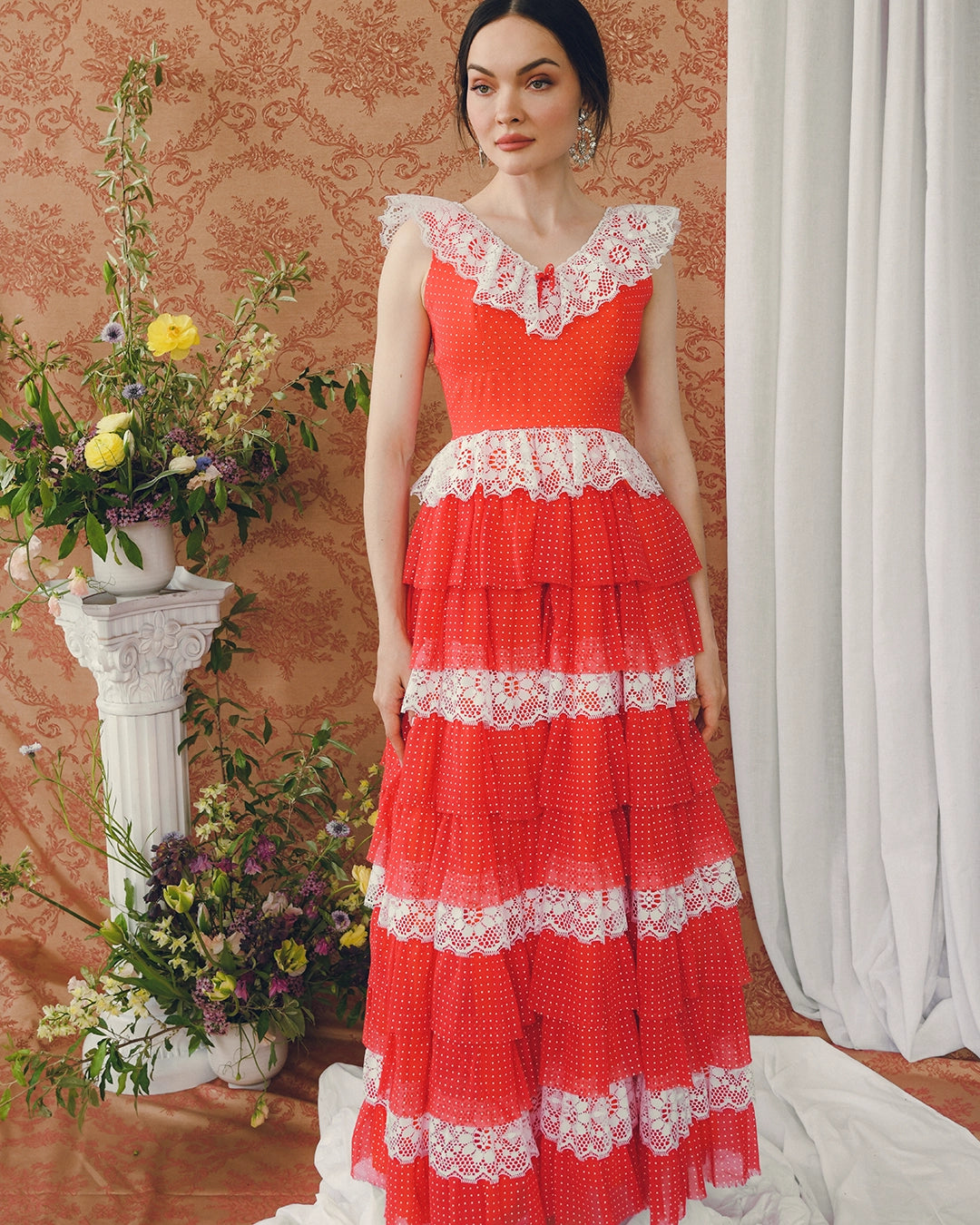 Vintage Swiss Dot Tulle & Lace Gown With Tiered Petticoat Skirt