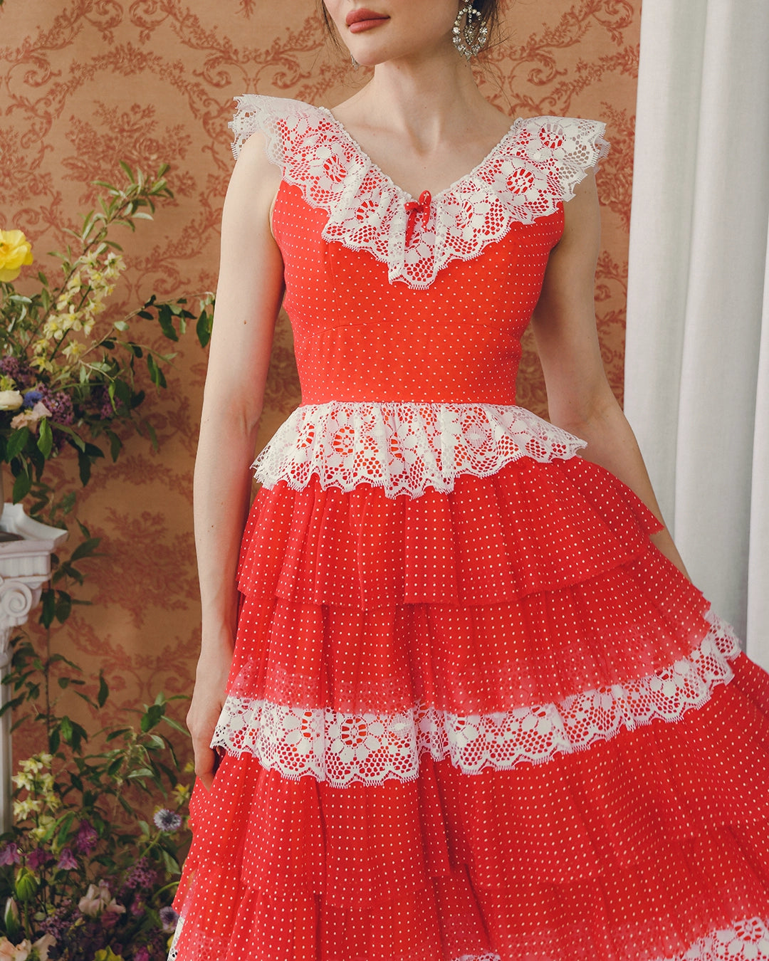 Vintage Swiss Dot Tulle & Lace Gown With Tiered Petticoat Skirt