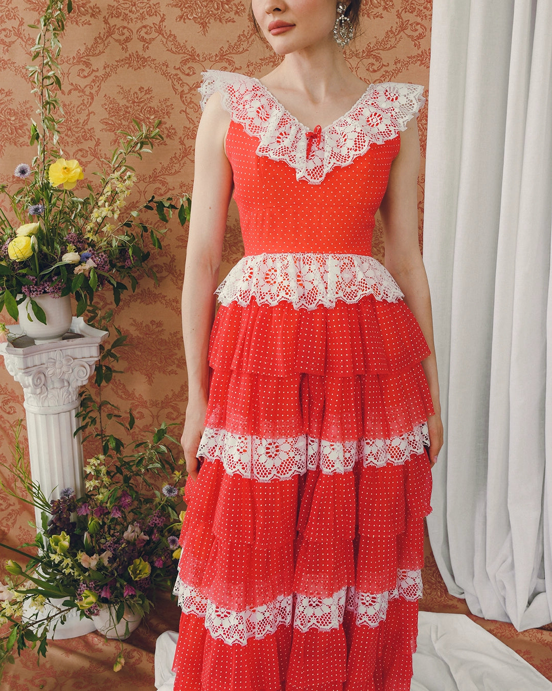 Vintage Swiss Dot Tulle & Lace Gown With Tiered Petticoat Skirt