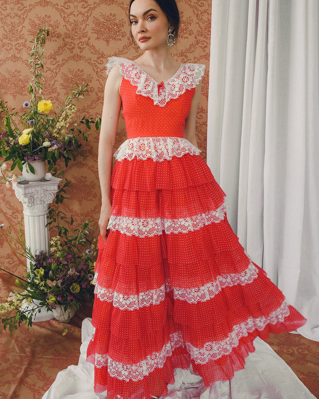 Vintage Swiss Dot Tulle & Lace Gown With Tiered Petticoat Skirt