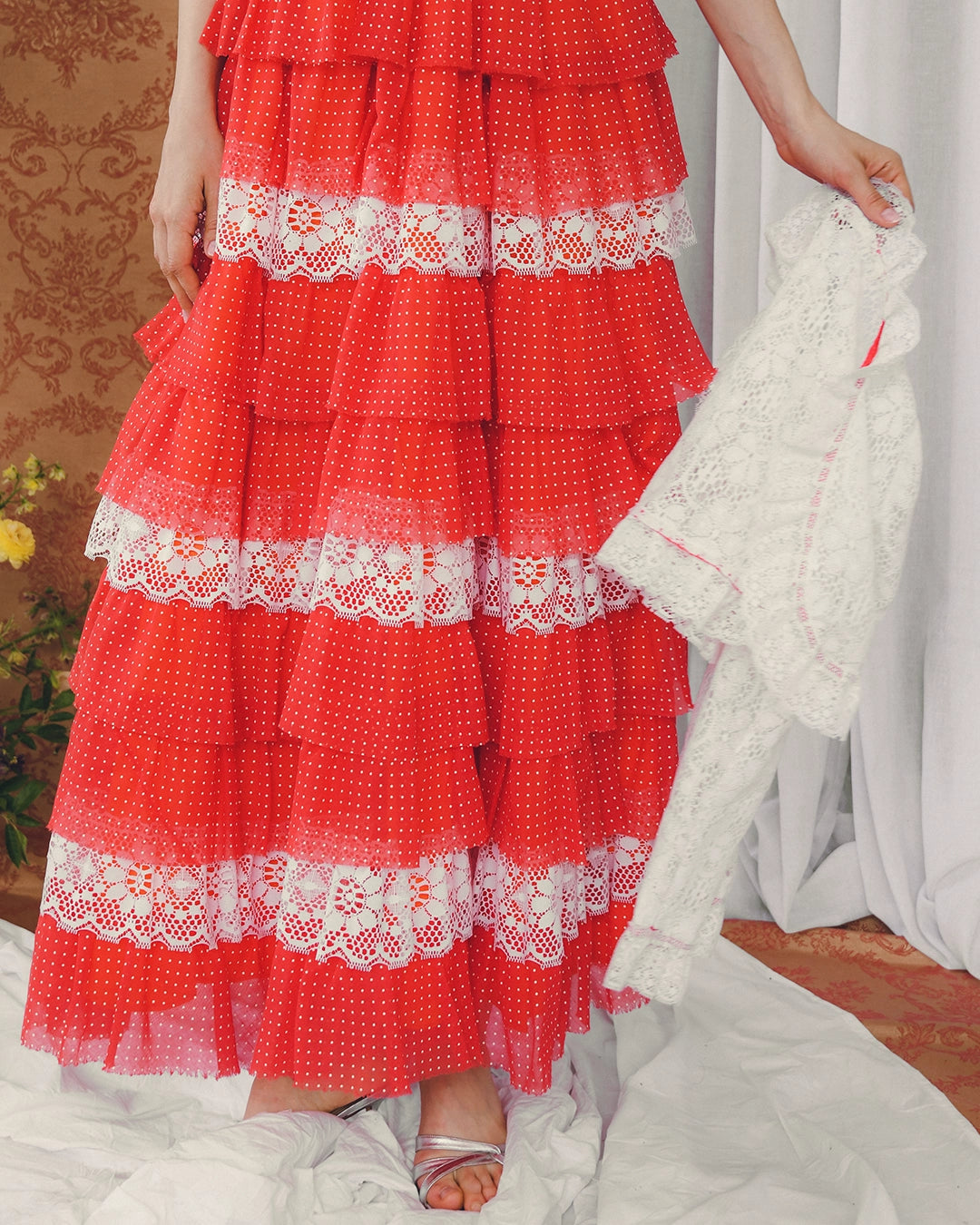 Vintage Swiss Dot Tulle & Lace Gown With Tiered Petticoat Skirt