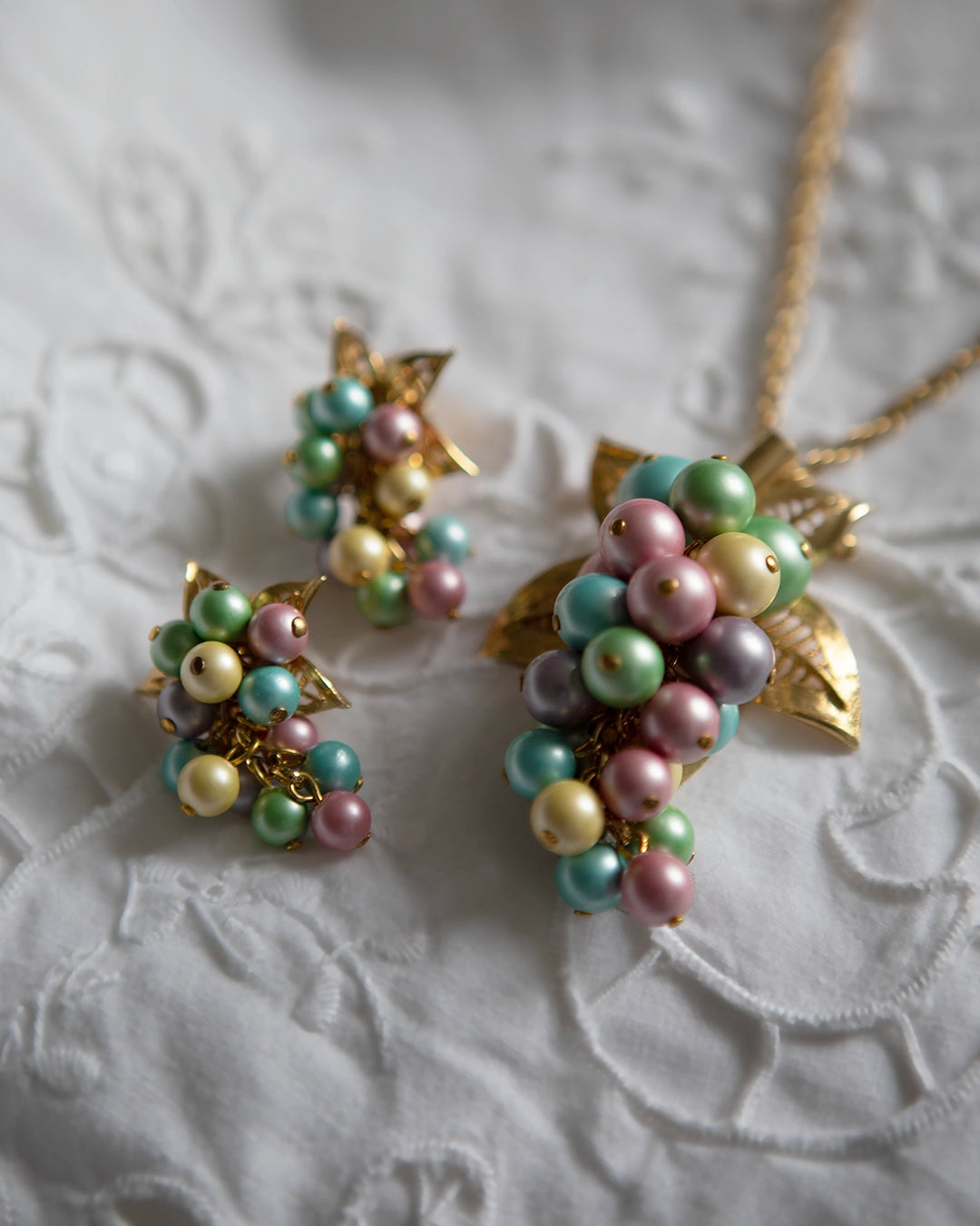 Vintage Pastel Grape Cascade Earrings + Convertible Necklace Set