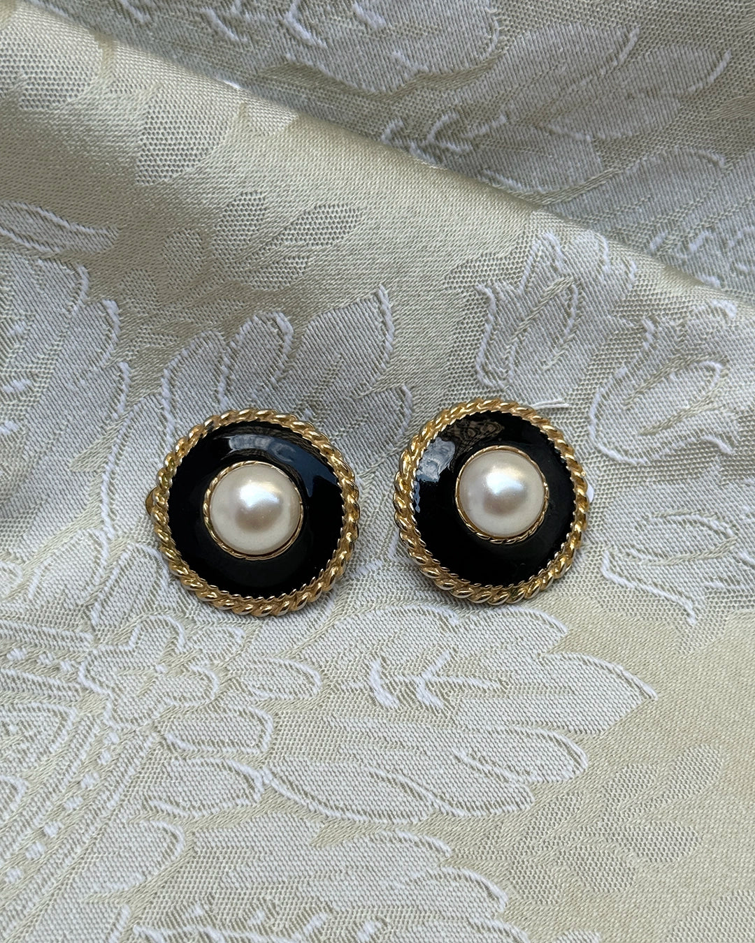 Vintage Pearl And Black Enamel Stud Earrings, clip-on