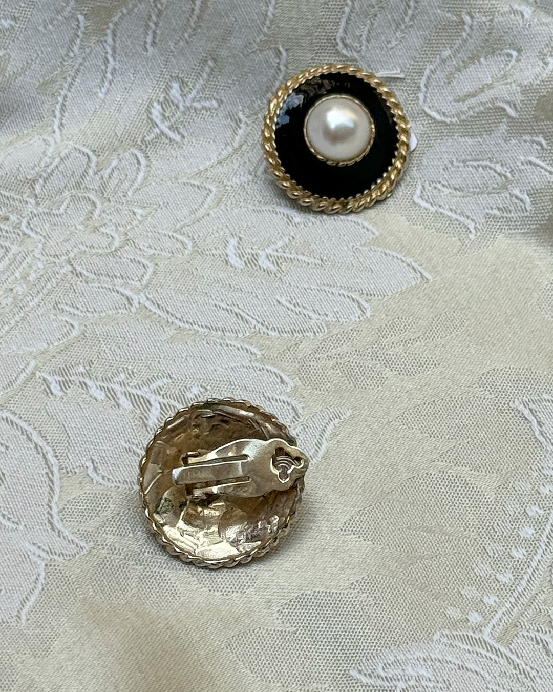 Vintage Pearl And Black Enamel Stud Earrings, clip-on