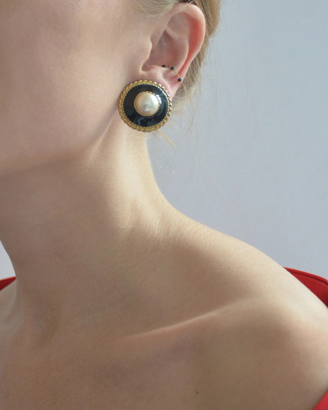 Vintage Pearl And Black Enamel Stud Earrings, clip-on
