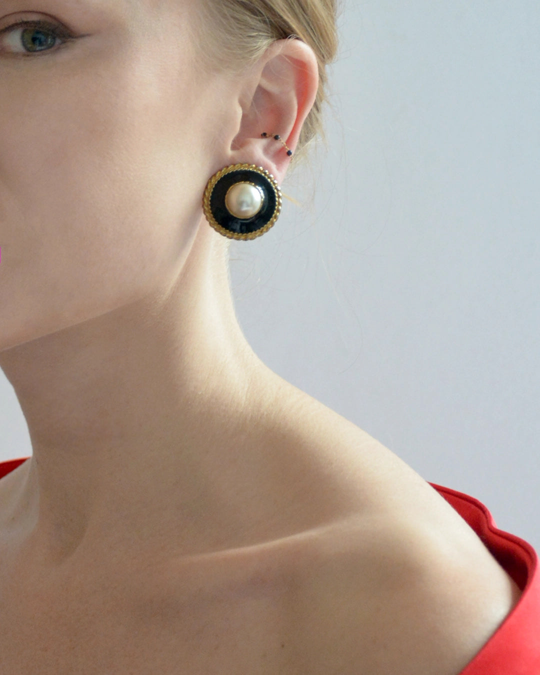 Vintage Pearl And Black Enamel Stud Earrings, clip-on