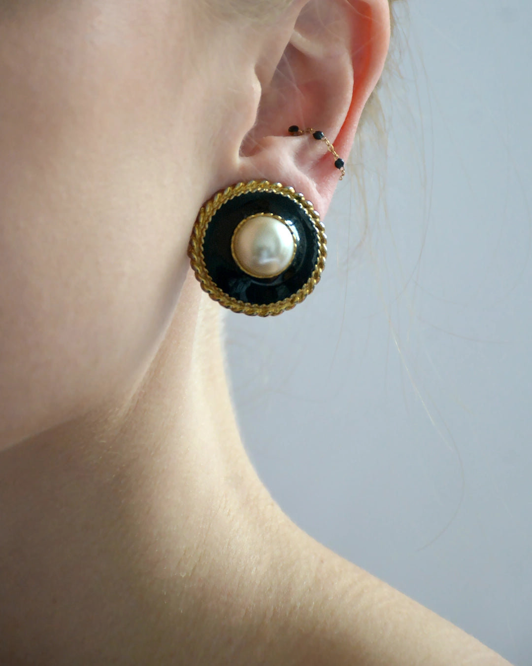 Vintage Pearl And Black Enamel Stud Earrings, clip-on