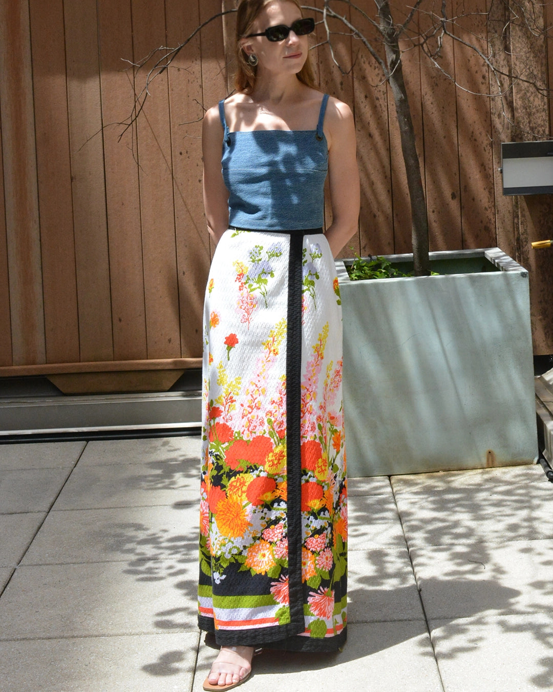 Vintage Printed Floral Cotton Pique Wrap Skirt