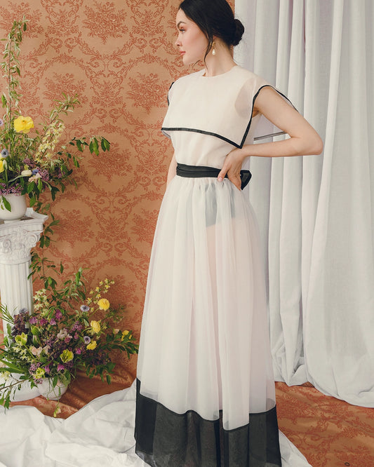 Vintage Sailor Collar Organza Dress With Detachable Lining