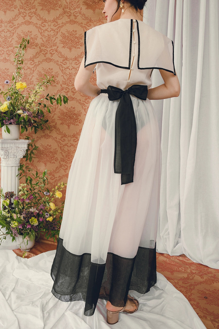 Vintage Sailor Collar Organza Dress With Detachable Lining