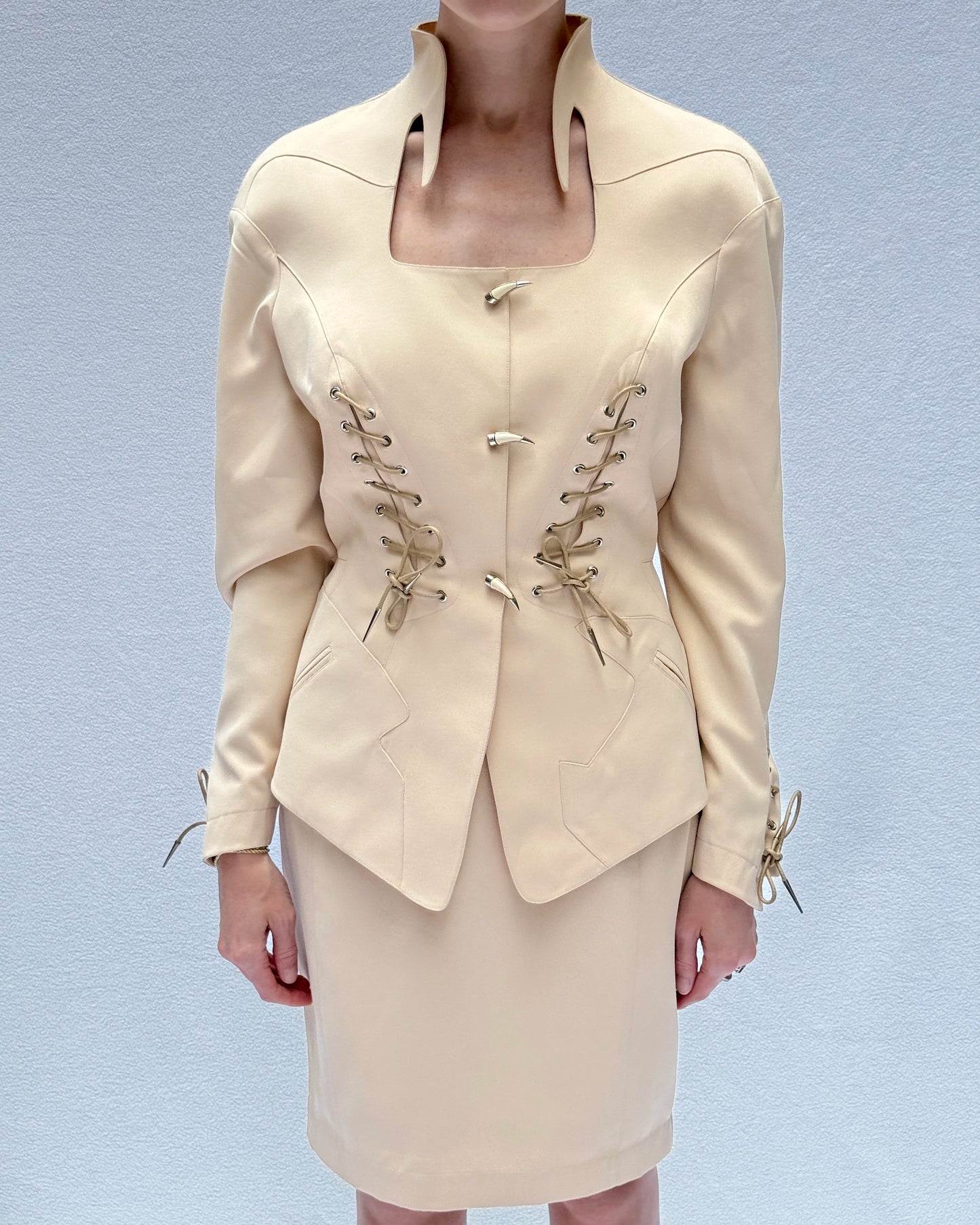 Vintage Thierry Mugler Spring 1992 "LES COWBOYS" Lace-up Jacket + Skirt Suit