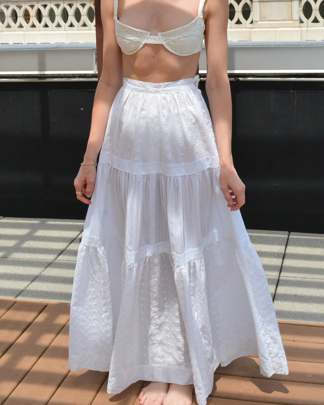 Vintage White Eyelet Tiered Maxiskirt