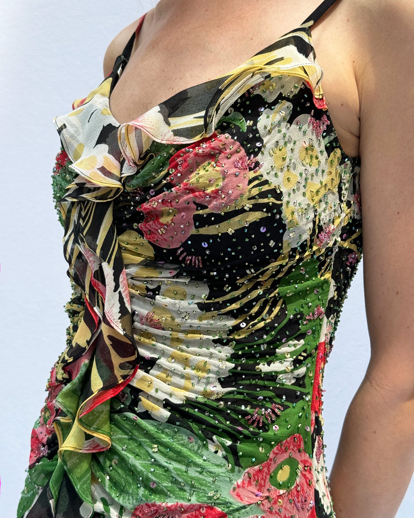 Vintage Y2K Bias-Cut Beaded Dress With Fishtail Hemline