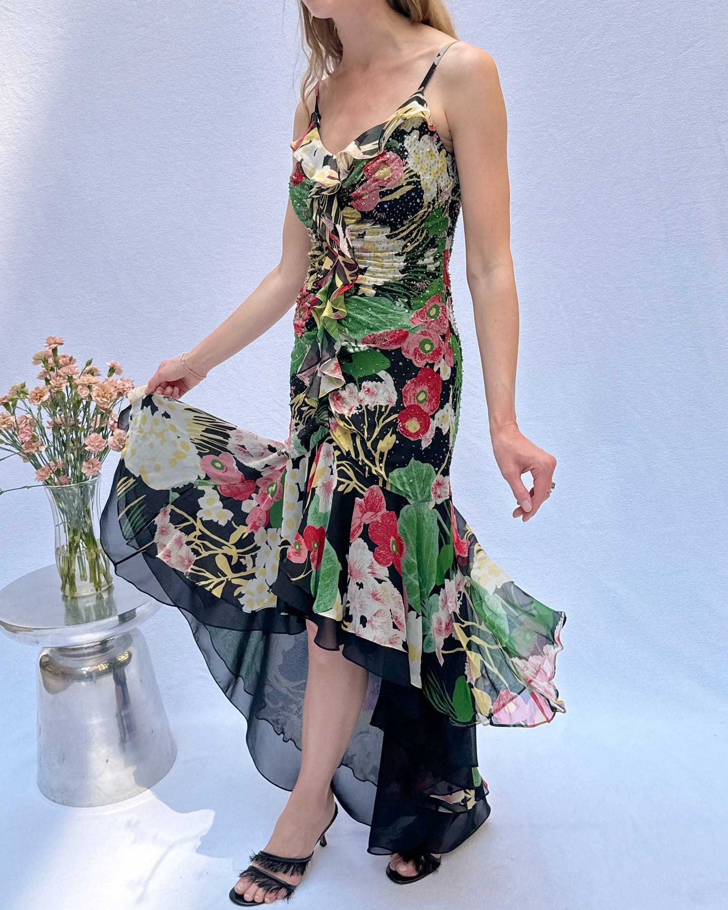 Vintage Y2K Bias-Cut Beaded Dress With Fishtail Hemline