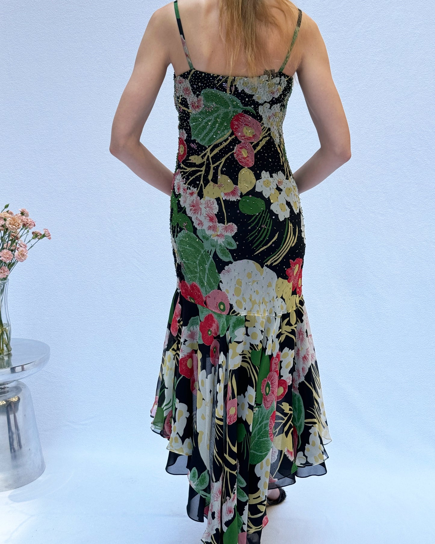 Vintage Y2K Bias-Cut Beaded Dress With Fishtail Hemline