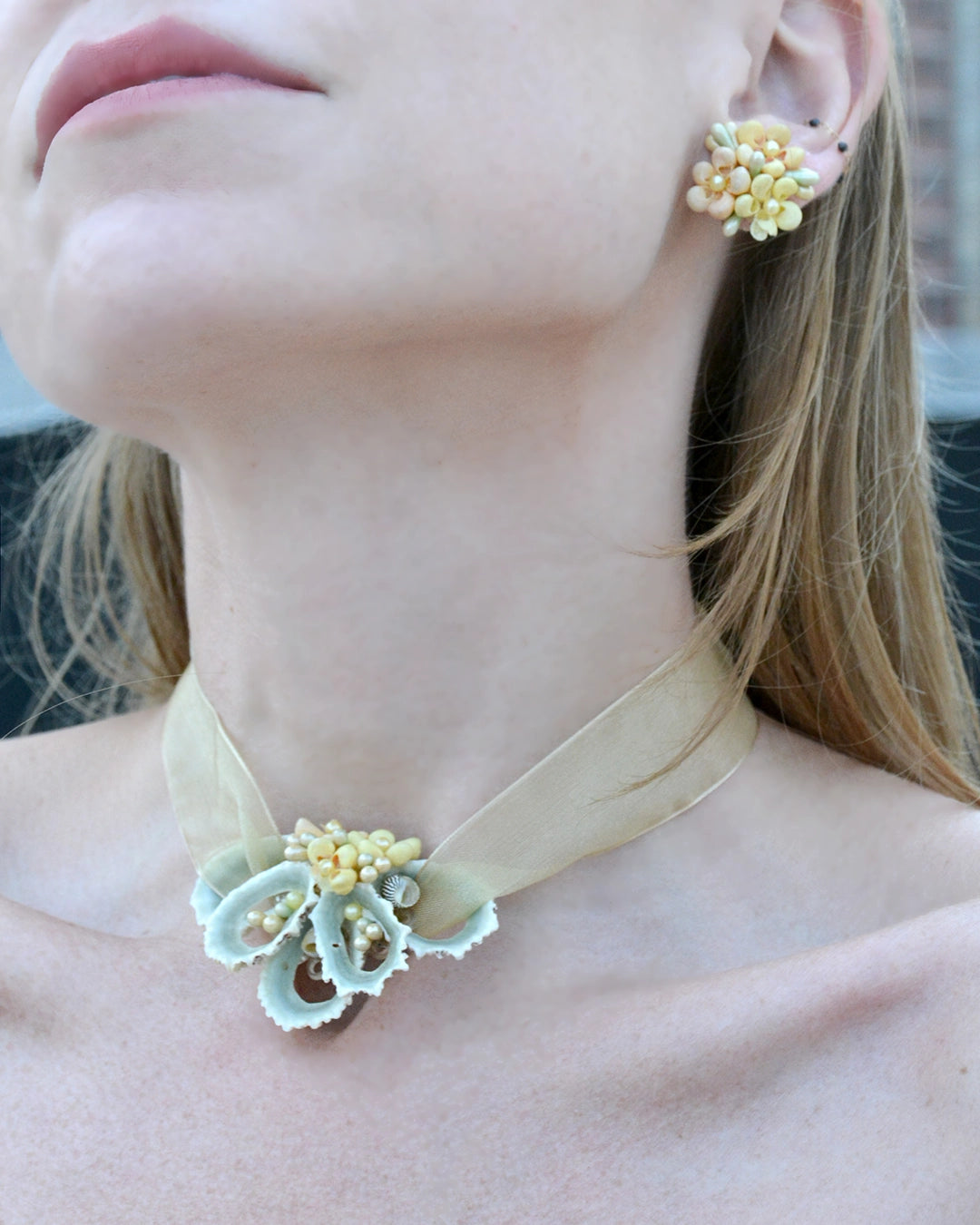 Vintage 1930s Pastel Seashell Choker Necklace + Earrings Set