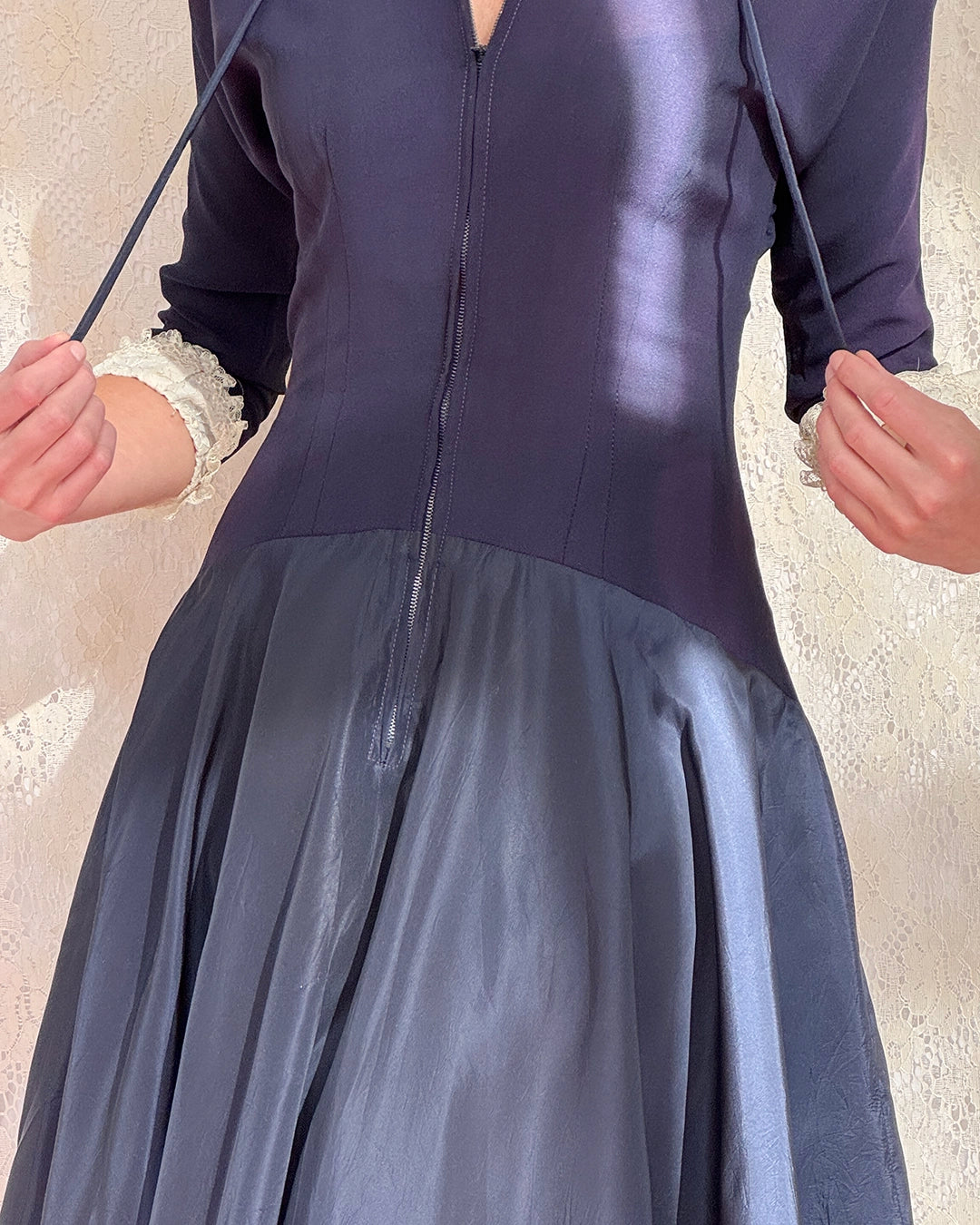 Vintage 1940s Zip-Front Drop-Waist Dress, in the style of Christian Dior's New Look