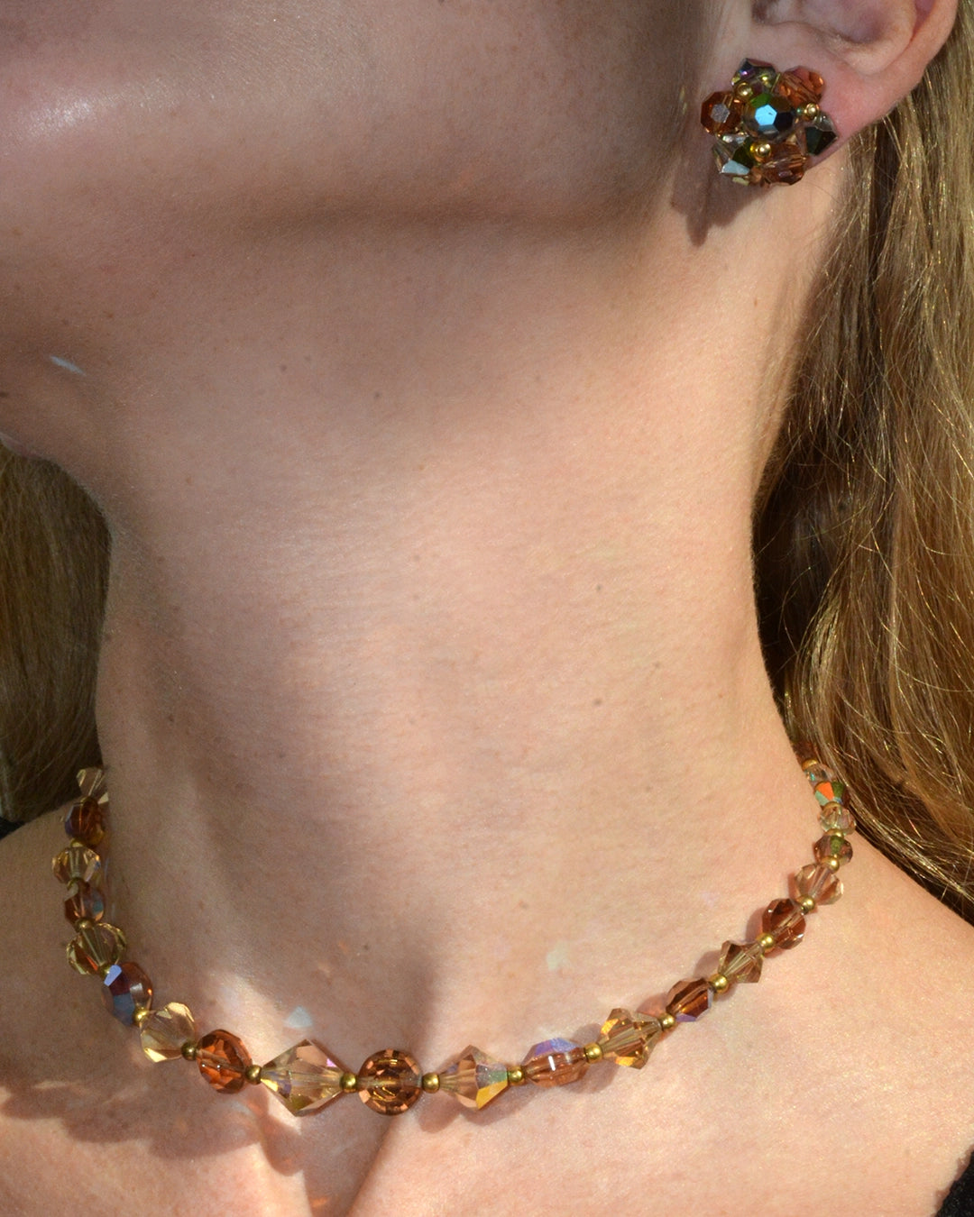 Vintage 1950s Aurora Borealis Topaz Bead Choker + Earrings Parure