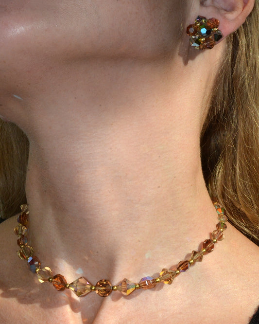 Vintage 1950s Aurora Borealis Topaz Bead Choker + Earrings Parure