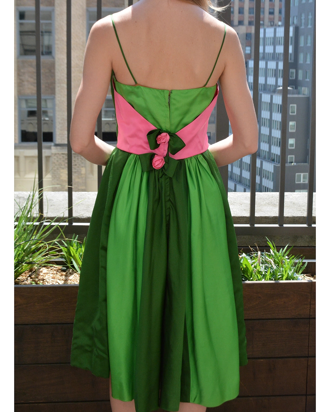 Vintage 1950s Custom-Made Silk Bustled Dress with Rosebud Appliqué, Bergdorf Goodman