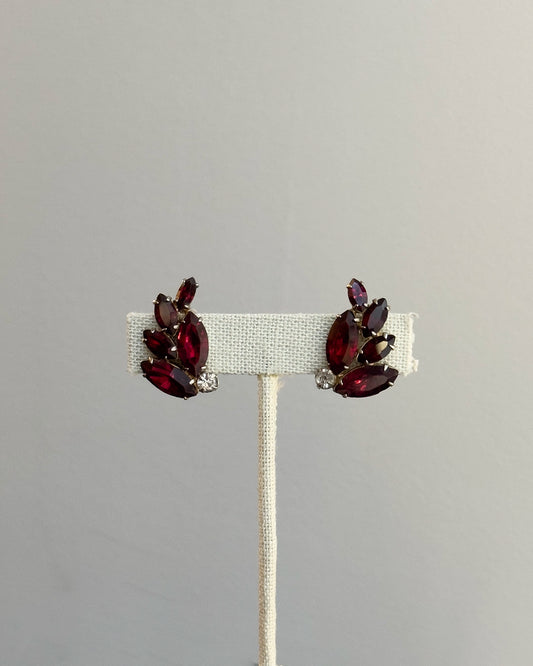 Vintage 1950s Ruby Crystal Ear Climber Earrings, attributed to Juliana