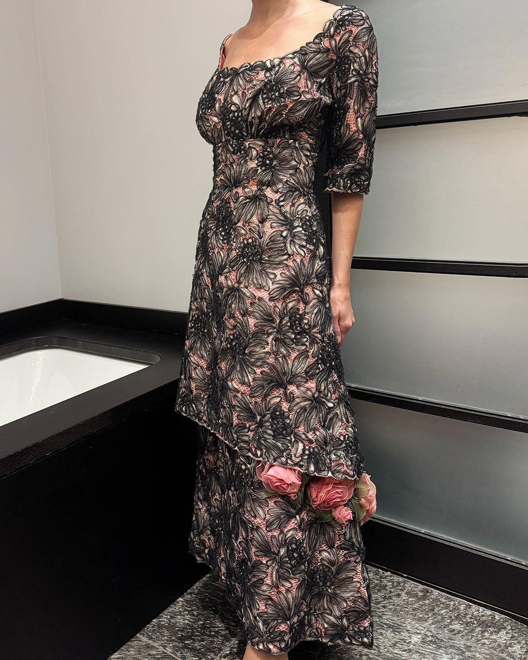 Vintage 1950s Tulle-Embroidered Lace Gown with Floral Appliqué