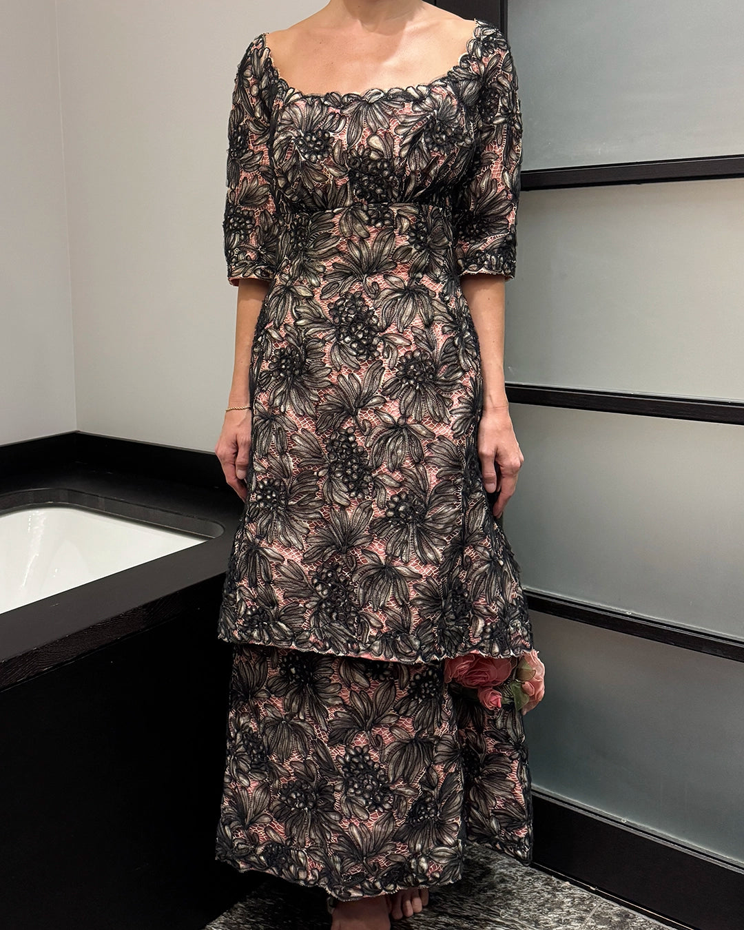 Vintage 1950s Tulle-Embroidered Lace Gown with Floral Appliqué