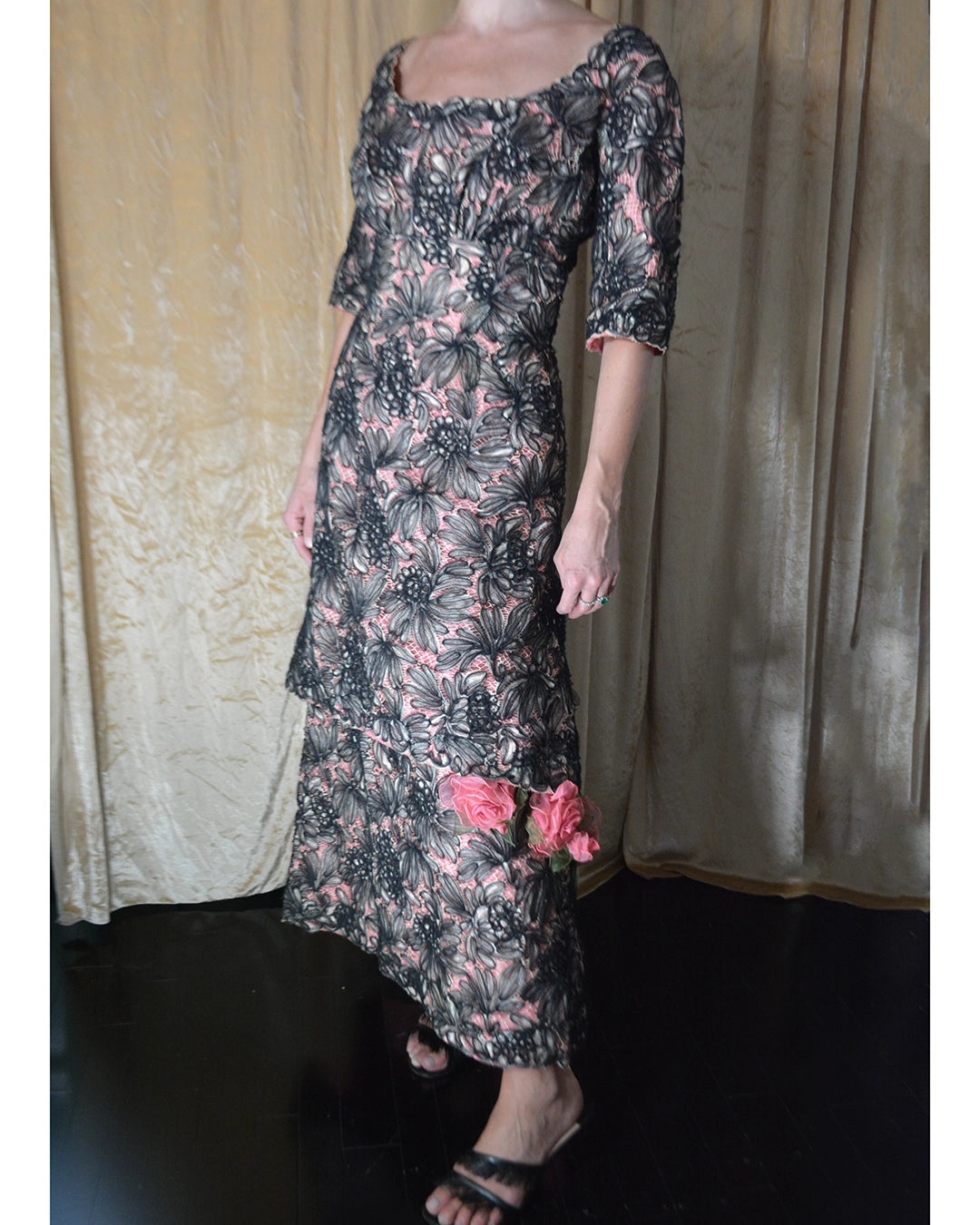 Vintage 1950s Tulle-Embroidered Lace Gown with Floral Appliqué