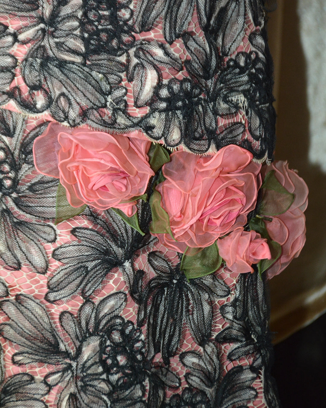 Vintage 1950s Tulle-Embroidered Lace Gown with Floral Appliqué