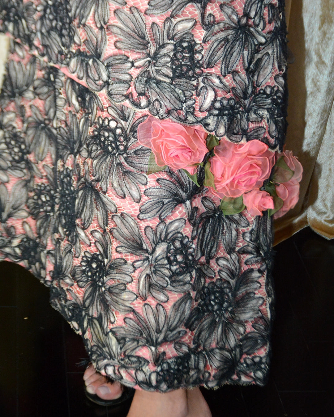 Vintage 1950s Tulle-Embroidered Lace Gown with Floral Appliqué
