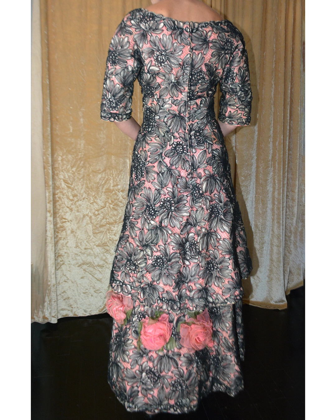 Vintage 1950s Tulle-Embroidered Lace Gown with Floral Appliqué