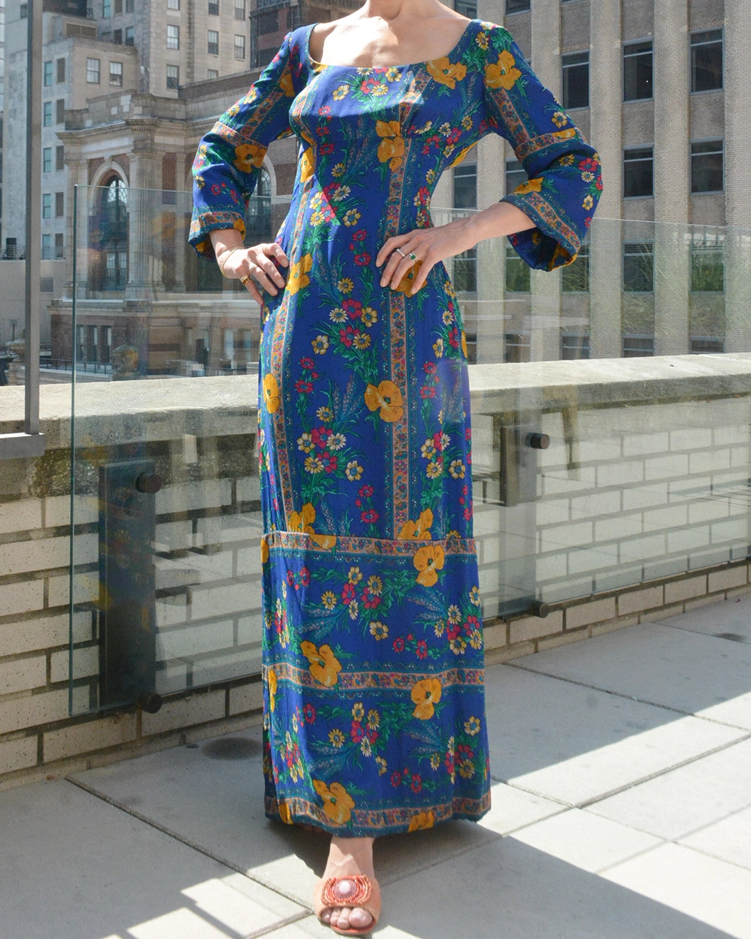 Vintage 1960s Folkloric Floral Print Silk Gown
