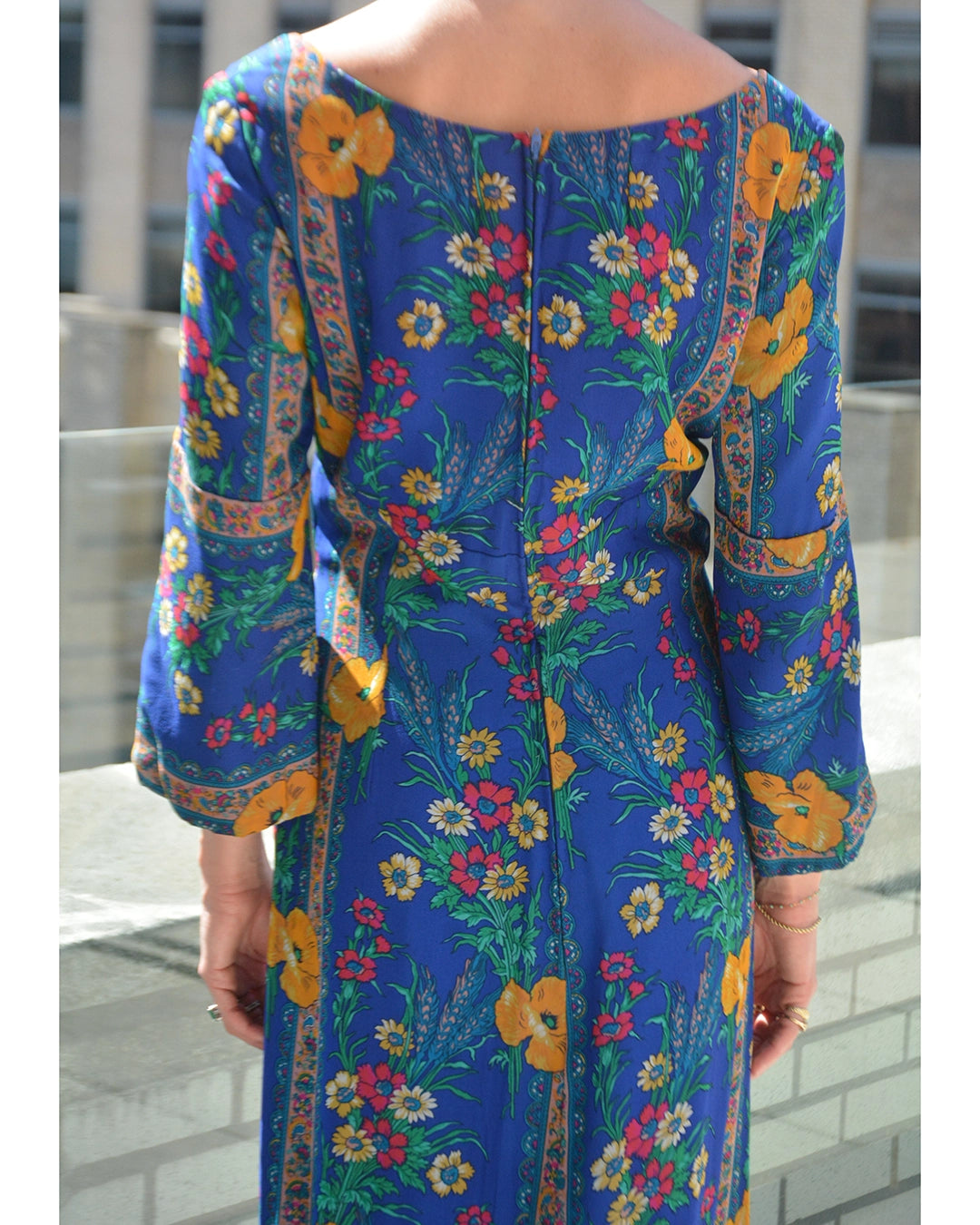 Vintage 1960s Folkloric Floral Print Silk Gown