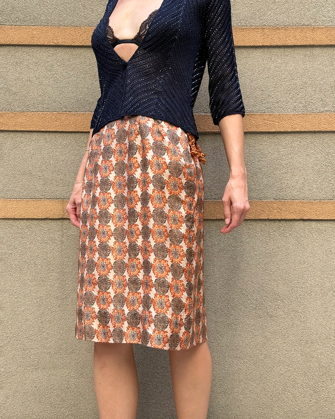 Vintage 1960s Medallion Print Belted Pencil Skirt
