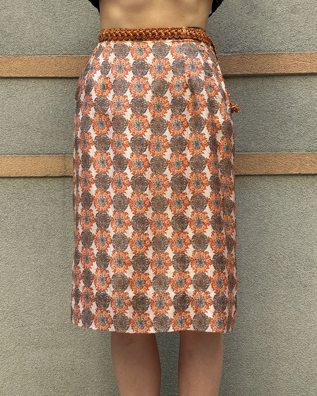 Vintage 1960s Medallion Print Belted Pencil Skirt
