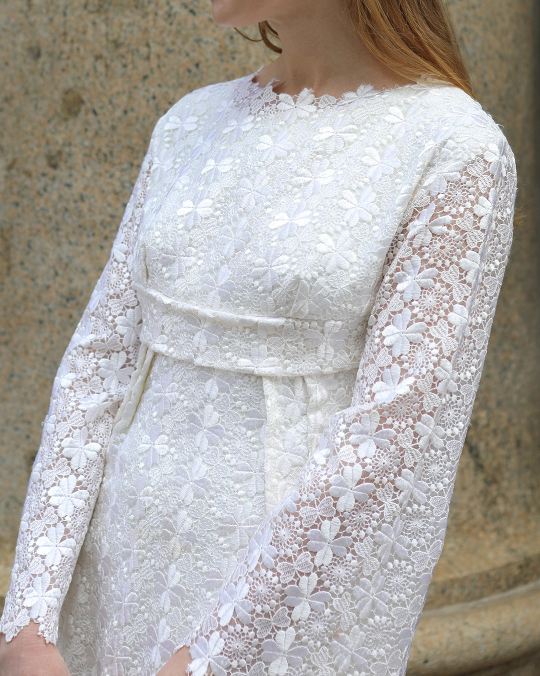 Vintage 1960s White Crochet Lace Empire Waist Dress
