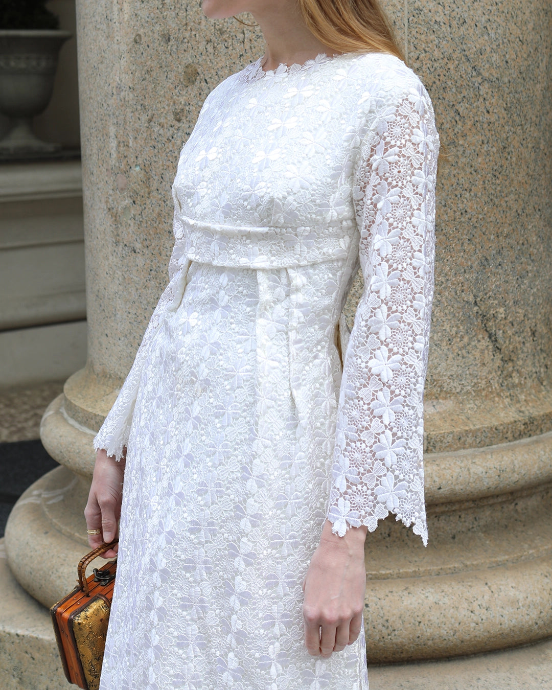 Vintage 1960s White Crochet Lace Empire Waist Dress
