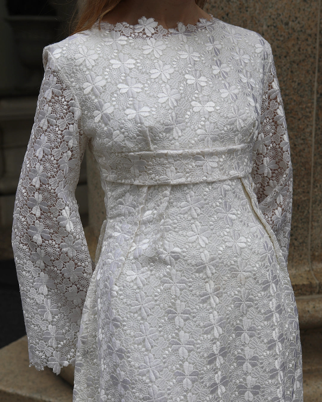 Vintage 1960s White Crochet Lace Empire Waist Dress