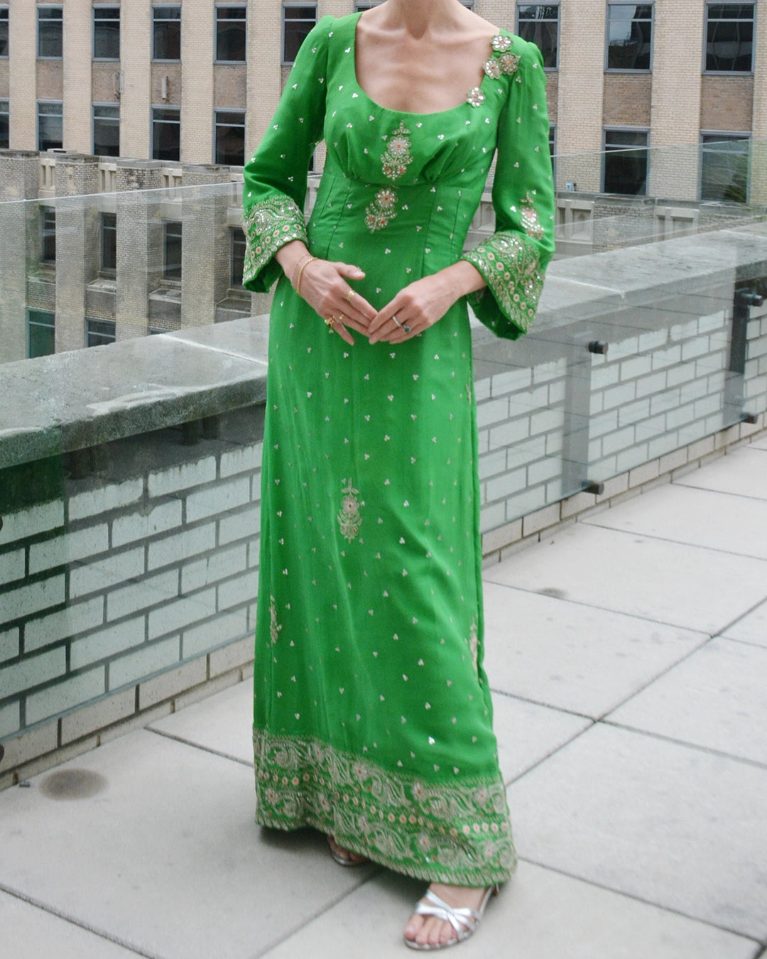Vintage 1970s Embellished Silk Chiffon Gown, Custom Made