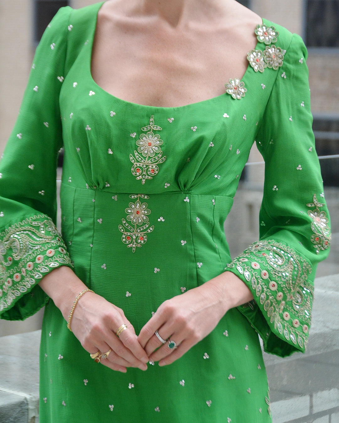 Vintage 1970s Embellished Silk Chiffon Gown, Custom Made